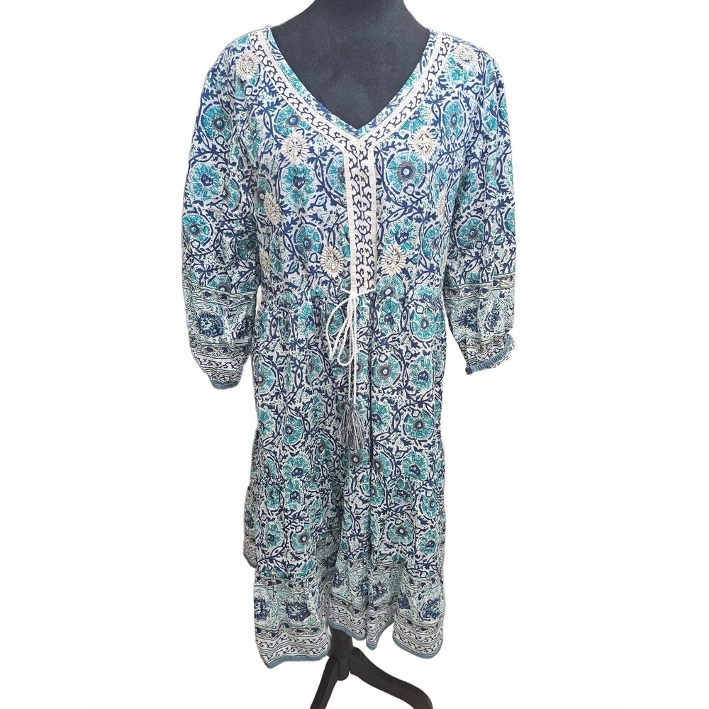 Soft Surroundings Womens Medium Blue Floral Cotton Embroidered Dress